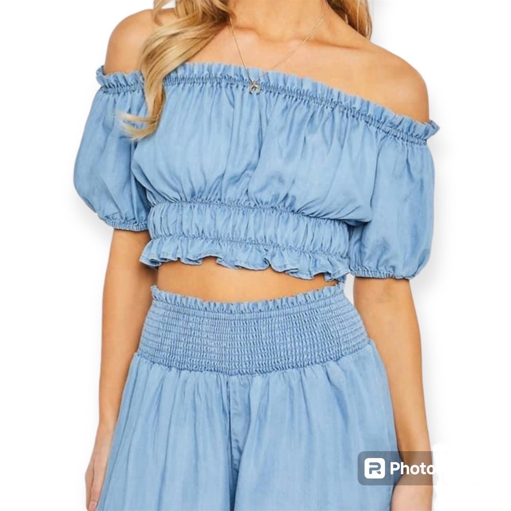 Love Tree-Chambray Shorts & Peasant Top Outfit-Size Large-NWT